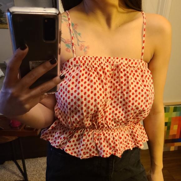 Polka dot top ruffle crop top straight nec… - Picture 2 of 8